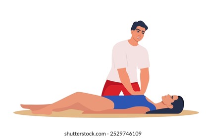 Socorrista de playa realiza masaje cardíaco indirecto a mujer ahogada rescatada del agua. Situación de asistencia de emergencia por ahogamiento. Reanimación Cardiopulmonar. Vector
