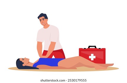 O salva-vidas da praia realiza massagem cardíaca indireta para afogar uma mulher resgatada da água. Situação de ajuda de afogamento de emergência. Reanimação Cardio-Pulmonar. Vetor