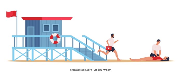 O salva-vidas da praia realiza massagem cardíaca indireta para afogar uma mulher resgatada da água. Torre salva-vidas e salva-vidas de praia profissional com kit de primeiros socorros. Reanimação Cardio-Pulmonar. Vetor