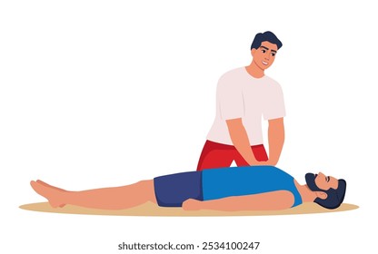 Beach lifeguard performs indirect heart massage to drowning man rescued from the water. Emergency drowning assistance situation. Cardio Pulmonary Resuscitation. Vector