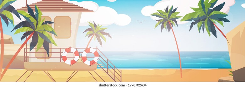 Beach with lifeguard post in cartoon style. Vector.