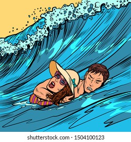 beach lifeguard rescues drowning woman. Pop art retro vector illustration drawing