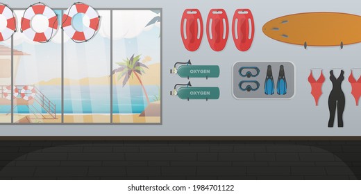 Beach lifeguard room. Swimming board, lifebuoy, fins and mask, oxygen tank.