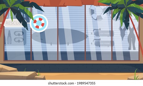 Beach lifeguard room. Swimming board, lifebuoy, fins and mask, oxygen tank. Cartoon style. Vector illustration.