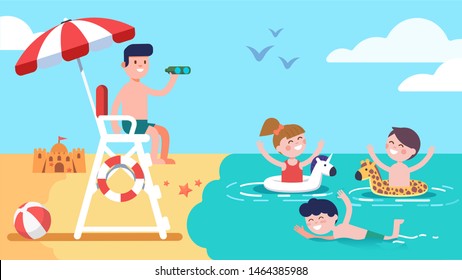 Beach Lifeguard Safeguarding Watching Kids Sitting On Lifeguard Tower Ensuring Safety. Summer Holidays Recreation. Happy Girl & Boys Children Enjoying Safe Sea Water Swimming. Flat Vector Illustration