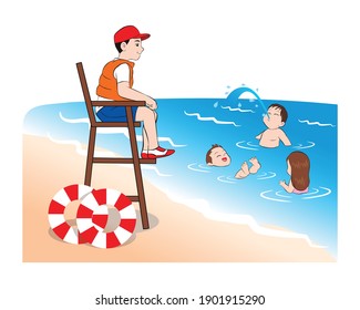 Beach Lifeguard Safeguarding Watching Kids Sitting On Lifeguard Tower Ensuring Safety. Happy Girl  Boys Children Enjoying Safe Sea Water Swimming. Vector Illustration Isolated Cartoon Hand Drawn