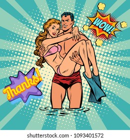 Beach Lifeguard Saved A Drowning Woman. Pop Art Retro Vector Illustration Cartoon Comics Kitsch Drawing