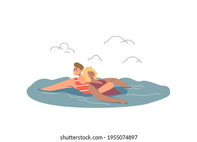 Beach lifeguard saving unconscious woman drowning while swimming in sea while seaside vacation. Ocean emergency situation, safety at sea, first aid. Cartoon flat vector illustration