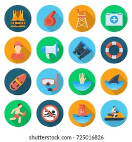 Beach lifeguard set. Service qualification icons to keep people safe on water. Vector flat style cartoon illustration isolated on white background