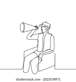 beach lifeguard sits and speaks into loudspeaker - one line drawing. male rescuer sits on a tower in a cap and a life jacket he makes a warning 