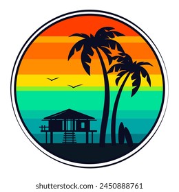 Estación de socorrista de playa, palmeras y silueta de tabla de surf contra el cielo de la puesta de sol, concepto de vacaciones de verano, Ilustración vectorial, Plantilla de logotipo, emblema, insignia.