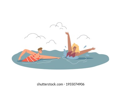 Salvavidas de playa nadando a las mujeres que se ahogan en el mar durante las vacaciones junto al mar. Situación de emergencia en las playas del océano y concepto de socorrista. Seguridad en el mar, primeros auxilios. Dibujo vectorial plano de dibujos animados