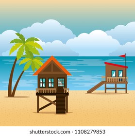 beach with lifeguard tower scene