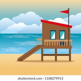 beach with lifeguard tower scene