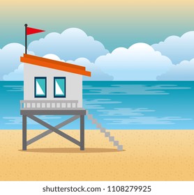 beach with lifeguard tower scene