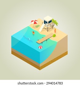 beach with lifeguard tower, shark and mole, isometric illustration