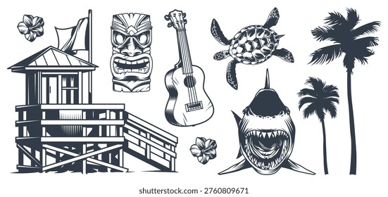 A beach with a lifeguard tower shows surfing activity. A guitar and tiki mask are nearby. Palm trees and a turtle add to the scenery. Bright sun enhances the outdoor vibe.