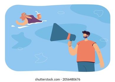Beach lifeguard warning floating woman about danger on water. Man holding megaphone flat vector illustration. Protection on summer vacation concept for banner, website design or landing web page