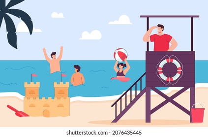 Salvavidas vigilando a niños y niñas jugando al fútbol en el mar. Guardia masculina sentada en la torre de los rescatistas con ilustración vectorial plana lifebuoy. Trabajo de castor de vida, seguridad de la gente durante las vacaciones de verano concepto