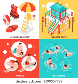 Beach lifeguards 2x2 design concept  set of  lifeguard inventory and saving drowning isometric compositions vector illustration 