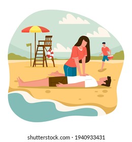 Beach lifeguards. Emergency assistance drowning situation, woman do indirect heart massage to man, ambulance service on seaside. Reanimation and resuscitation on vacation vector cartoon concept