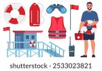 Beach lifeguards equipment set. Loudspeaker, sunglasses, lifebuoy, lifeguards tower, first aid kit, life rescue jacket, binoculars, whistle stretcher Vector illustration