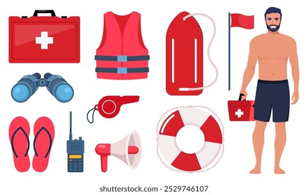 Conjunto de equipos de salvavidas de playa. Altavoz, gafas de sol, salvavidas, salvavidas torre, botiquín de primeros auxilios, chaleco salvavidas, binoculares, silbato camilla Ilustración vectorial