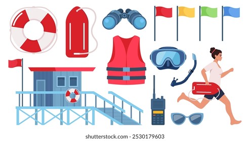 Conjunto de equipos de salvavidas de playa. Altavoz, gafas de sol, salvavidas, salvavidas torre, botiquín de primeros auxilios, chaleco salvavidas, binoculares, silbato camilla Ilustración vectorial