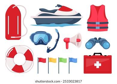 Conjunto de equipos de salvavidas de playa. Altavoz, gafas de sol, salvavidas, salvavidas torre, botiquín de primeros auxilios, chaleco salvavidas, binoculares, silbato camilla Ilustración vectorial