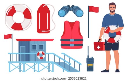 Conjunto de equipos de salvavidas de playa. Altavoz, gafas de sol, salvavidas, salvavidas torre, botiquín de primeros auxilios, chaleco salvavidas, binoculares, silbato camilla Ilustración vectorial