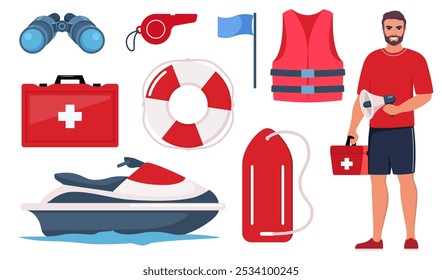 Conjunto de equipos de salvavidas de playa. Altavoz, gafas de sol, salvavidas, salvavidas torre, botiquín de primeros auxilios, chaleco salvavidas, binoculares, silbato camilla Ilustración vectorial