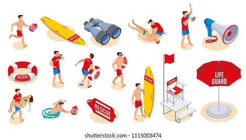 Beach lifeguards inventory isometric icons  set of binocular loudspeaker umbrella lifebuoy surfboard chair with flag isolated vector illustration 