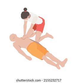 Beach lifeguards isometric composition with human characters of life guard and victim vector illustration