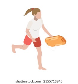 Salvavidas de playa composición isométrica con carácter humano aislado de la ilustración vectorial de la guardia de vida