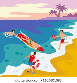 Beach lifeguards isometric poster with team of savers performing rescue operation of drowning man vector illustration 