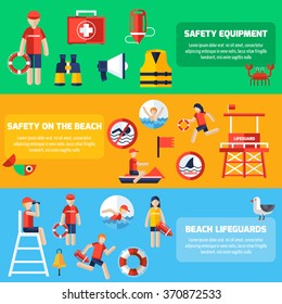 Beach lifeguards station service and safety equipment information 3 flat horizontal banners set abstract isolated vector illustration 