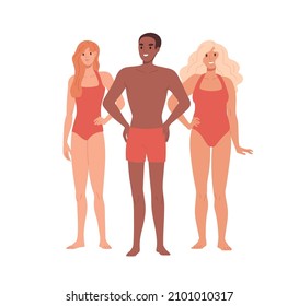 Beach lifeguards in swimsuits portrait. Happy smiling man and woman lifesavers in swimwear. Life guard team. Male and female swimmers group. Flat vector illustration isolated on white background