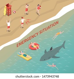 Beach lifeguards warning people swimming in sea with shark 3d isometric vector illustration