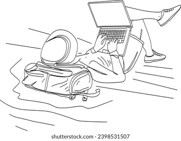Beach lifestyle cartoon illustration of man using touch screen tablet, Sketch drawing of man on the beach working with laptop and tablet