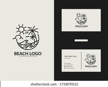 beach line art logo design and business card template