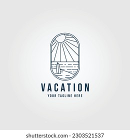 beach line art logo vacation, background sunlight minimalist with emblem vector illustration design