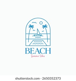 Beach line art outline style logo design with palm trees, swimming pool and sail boat vector illustration