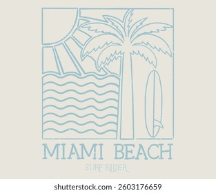 Beach line drawing. Sunshine paradise graphic print design. Beach modern abstract art. Ocean abstract wave. Palm tree art.