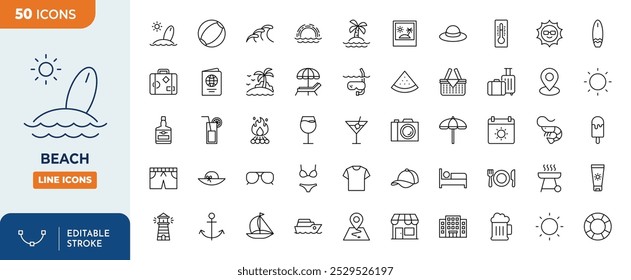 beach line editable icon set. beach icons Pixel perfect. beach, wave, sunset, snorkeling, cocktail, etc