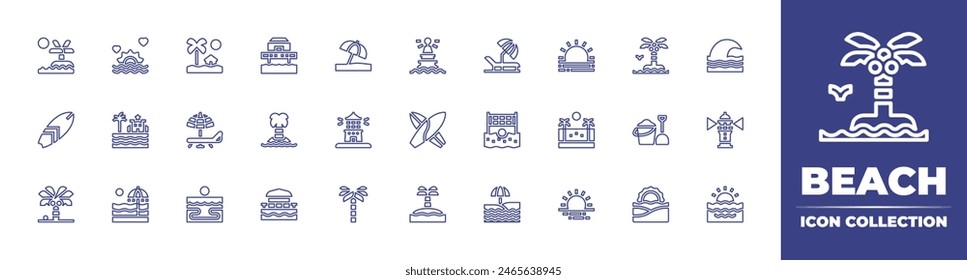 Beach line icon collection. Editable stroke. Vector illustration. Containing holidays, beach, beachvolleyball, sunrise, sunset, surfboard, surfing, island, palmtree, sandbucket, wave, buoy, lighthouse