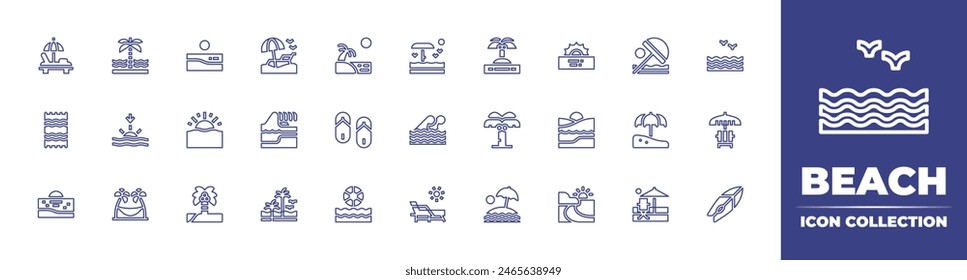 Beach line icon collection. Editable stroke. Vector illustration. Containing sunbed, beach, flipflops, beachtowel, beachball, sunset, sea, sunumbrella, wave, surfboard, hammock, lounger, island, sun.