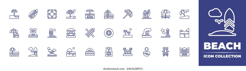 Beach line icon collection. Editable stroke. Vector illustration. Containing beach, sunumbrella, umbrella, lifesaver, lifejacket, holidays, beachhouse, lifeguard, beachhut, beachchair, sea, surfboard.