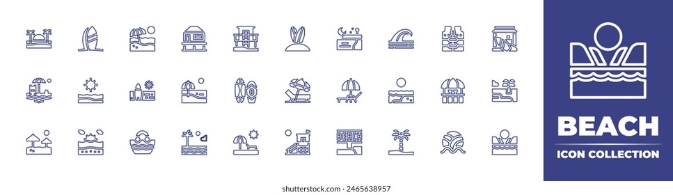 Beach line icon collection. Editable stroke. Vector illustration. Containing lifeguard, stall, lifevest, beachbar, beachhouse, beachumbrella, beachbag, beachchair, beachvolleyball, beach, surfing.
