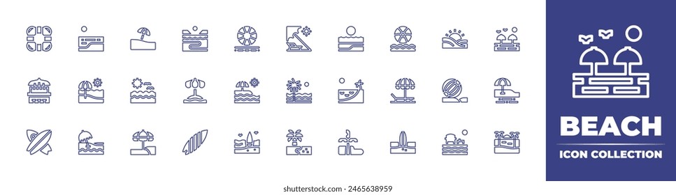 Beach line icon collection. Editable stroke. Vector illustration. Containing sunbathe, sea, sunset, beachumbrella, beachball, beach, sunbed, coastline, surf, surfboard, ball, bar, lifesaver.
