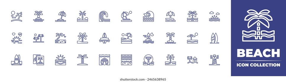 Beach line icon collection. Editable stroke. Vector illustration. Containing sea, beach, palmtrees, wave, beachball, sunset, ocean, location, surfboard, surfing, palmtree, lighthouse, island, surf.